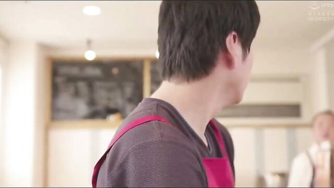 Japanese babe in cafe apron, teasing tight pussy for creampie