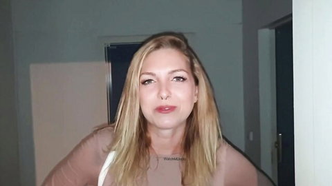 LillyLe041 blonde with big tits in sheer top, teasing pose