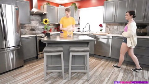 Jade Valentine teases stepbro in kitchen wearing short shorts and cardigan