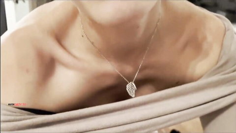 Luckylucy18 in off-shoulder top with leaf necklace, teasing small tits
