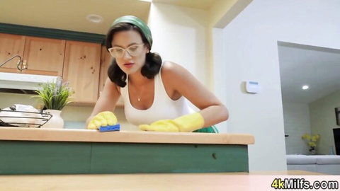 Luxury Girl as sexy cleaning lady with big tits in white tank top and gloves