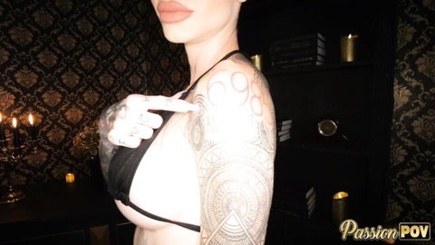 Tattooed Sasha in white lingerie highlights arm tats in teasing POV
