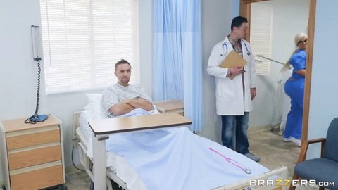 Curvy blonde nurse Julie Cash in tight scrubs with patient in hospital