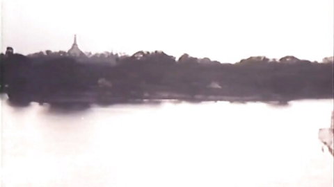 Misty serene lake reflecting golden pagoda temple and lush trees in vintage landscape view