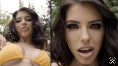 Angela White in yellow bikini, seductive outdoor pose with Adriana Chechik anal threesome tease