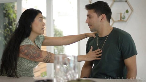 Dana Vespoli as seductive Asian stepmom touching stepson in Family Sinners scene