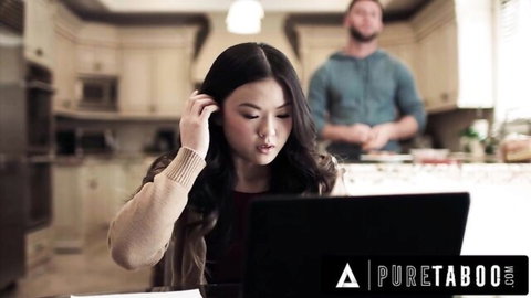 Lulu Chu focused on laptop as roommate watches in kitchen tease