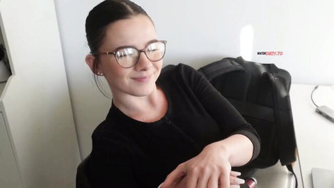 Roxy Black smiling in glasses and black sweater before POV BJ and creampie