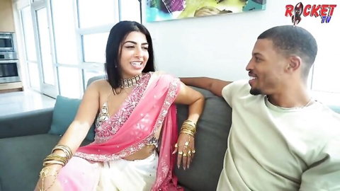 Jasmine Sherni in pink saree smiling with black stud