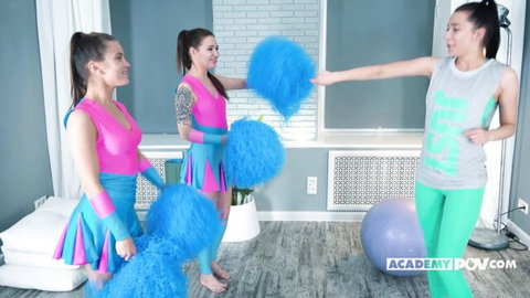 Shelley Bliss, Evelina Darling & Emely Bender in cheerleader outfits teasing playfully