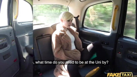 Blonde student in Fake Taxi cab sitting clothed before pussy fuck ride