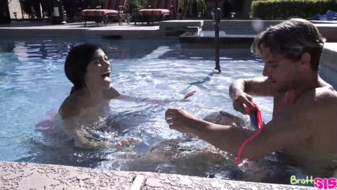 Savannah Sixx laughing in pool with stepbro in Bratty Sis rough POV