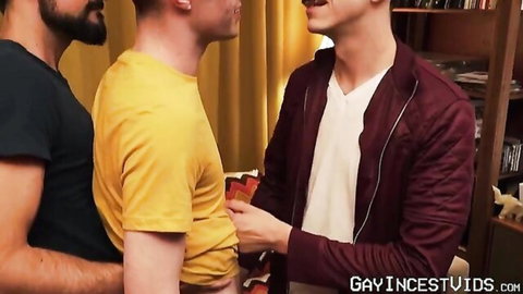 Three gay hunks groping each other's abs and crotches in steamy threesome foreplay