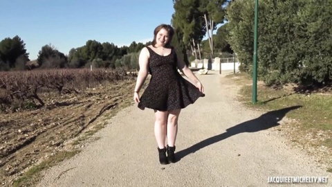 Young French BBW in floral dress twirling outdoors, teasing for hot 3way