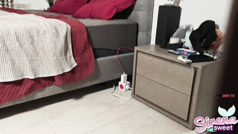 POV closeup of young blonde teen with long hair sucking cock in bedroom