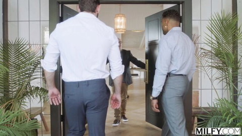 Suited men enter for steamy threesome with MILFs Brandi Love and Reagan Foxx