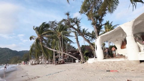 Tropical Thai beach scene with palm trees, white huts, and people walking on sandy shore outdoors