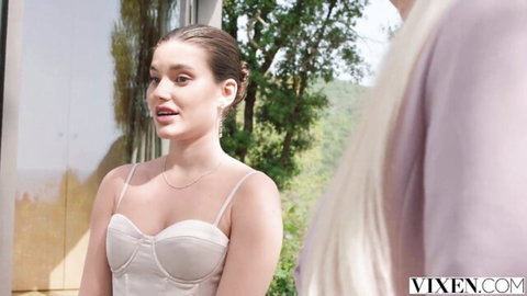 Stefany Kyler in sexy strapless white dress outdoors with blonde model, teasing before tight pussy pounding