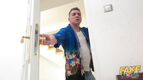 UK visa officer in Hawaiian shirt opens door in fake hostel creampie threesome scene