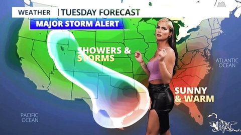 Sexy Latina weather girl in pink crop top and black mini skirt on storm map