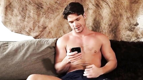 Andre Donovan shirtless muscular hunk in shorts, teasing interracial threesome