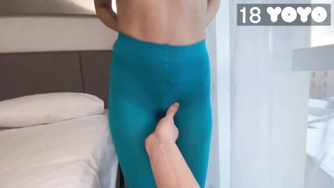 Petite stepdaughter fingered through tight blue yoga pants in hotel room