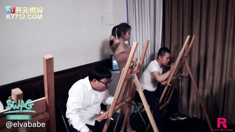 Hot JAV babe in beige top painting with two Asian men in art studio