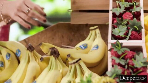 Molly Little in suggestive fruit display, teasing hardcore threesome vibes