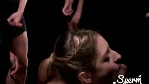 Rebecca Volpetti receives multiple facials in wild bukkake orgy