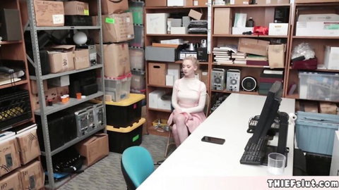 Petite Athena Rayne in pink top, ready for rough office punishment