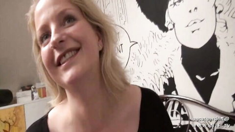 Smiling blonde French BBW with huge tits in sexy teaser pose