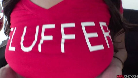 Asian brunette in tight red fluffer top squeezing her medium tits cleavage