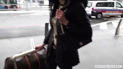 European beauty in black coat on rainy street, teasing adventure with hung stud