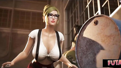 Busty blonde futa babe with pigtails and glasses teasing huge tits in suspenders top
