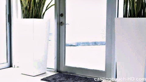 Casting couch HD studio entrance with tall plants flanking glass door before teen auditions and fucking