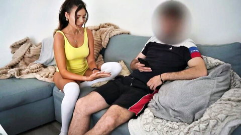 Mymy French cutie in yellow top and white thigh-highs teases guy's crotch on couch