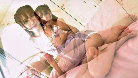 Mio Sakuragi in lavender lingerie posing seductively on bed with mirror effect