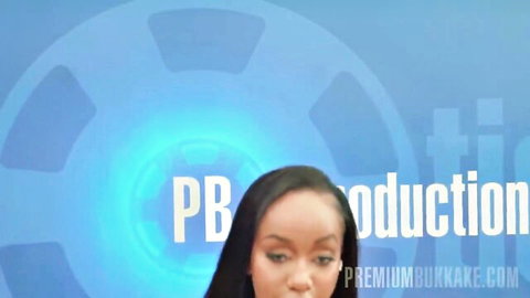 Ebony babe's face drenched in thick cum with open mouth full of semen in bukkake