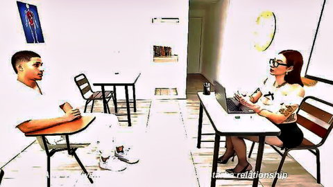 Sexy Asian therapist in glasses and skirt talks intimately with black patient in office