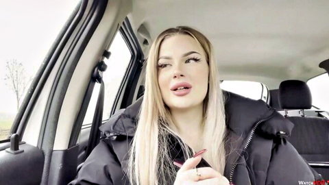 Lea-Rose seductive in car POV, blonde bombshell outdoor tease
