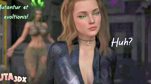 Blonde woman in open blouse and choker looks confused with green-eyed friend in sci-fi setting