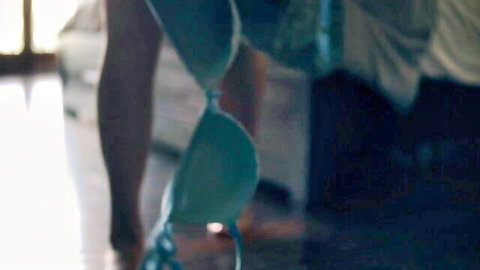 Curvy white babe bends over exposing shaved pussy and big ass with teal panties pulled aside