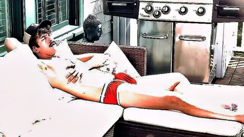 Shirtless young man lounges in red briefs on garden patio, teasing bulge