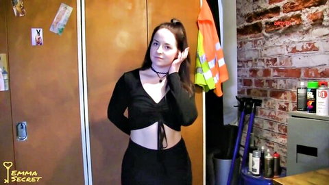EmmaSecret in seductive black crop top and pants, teasing domination vibe
