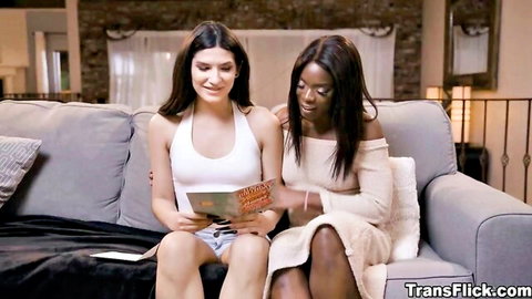 Ana Foxxx and Zariah Aura in sexy couch chat, ebony trans tease