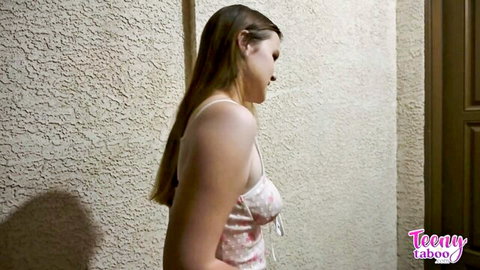 Ava Marina in pink lingerie, teen exchange student side pose