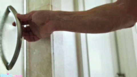 Skyler Storm's arm gripping door handle, teasing petite babe's hardcore entry