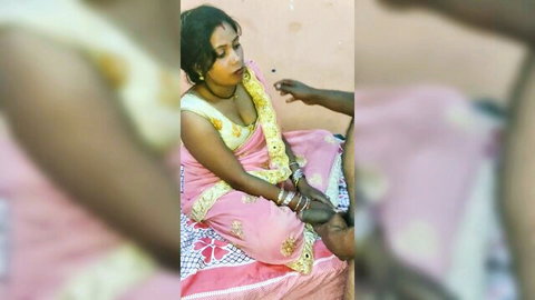 Desi Indian aunty in pink saree with man touching her intimately