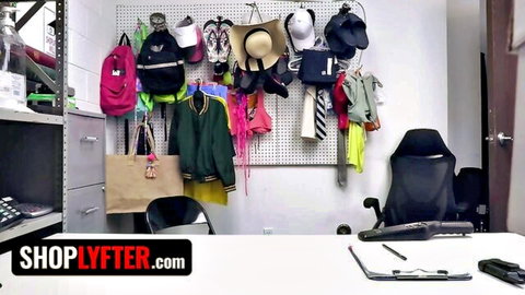 Shoplyfter interrogation room with hanging clothes and accessories