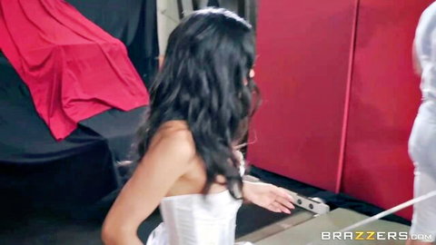 Tia Cyrus in white strapless dress with Johnny Sins in Brazzers scene